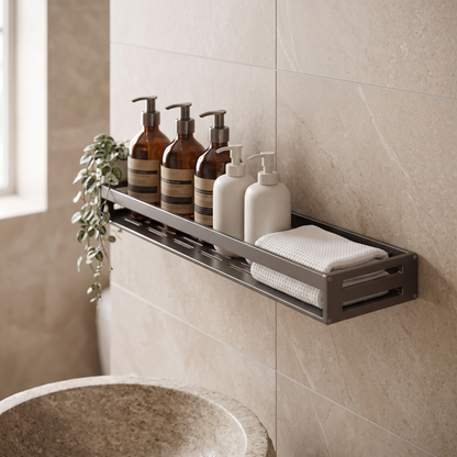Dusora aluminium bathroom shelf mounted on a tiled wall with bottles