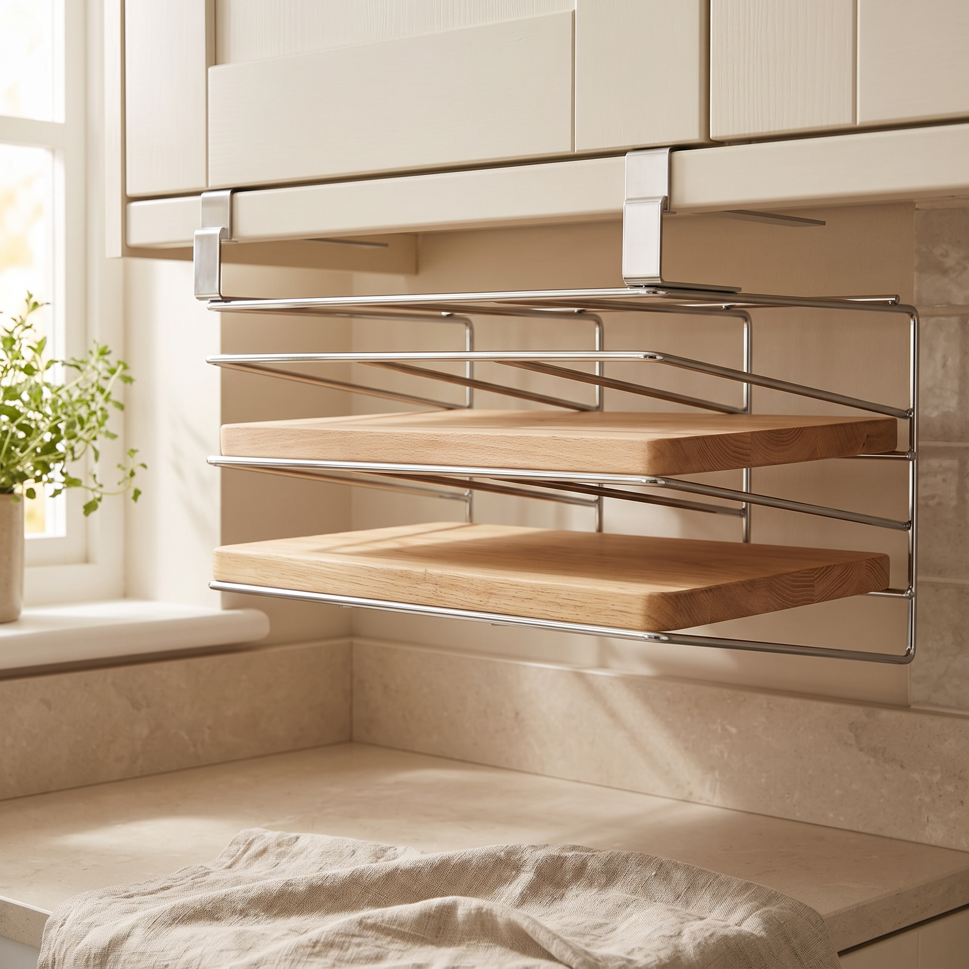 Nesvik stainless rack under a kitchen cabinet holding two wooden cutting boards