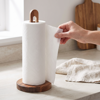 A sheet being torn one-handed from the Torkia acacia paper towel holder