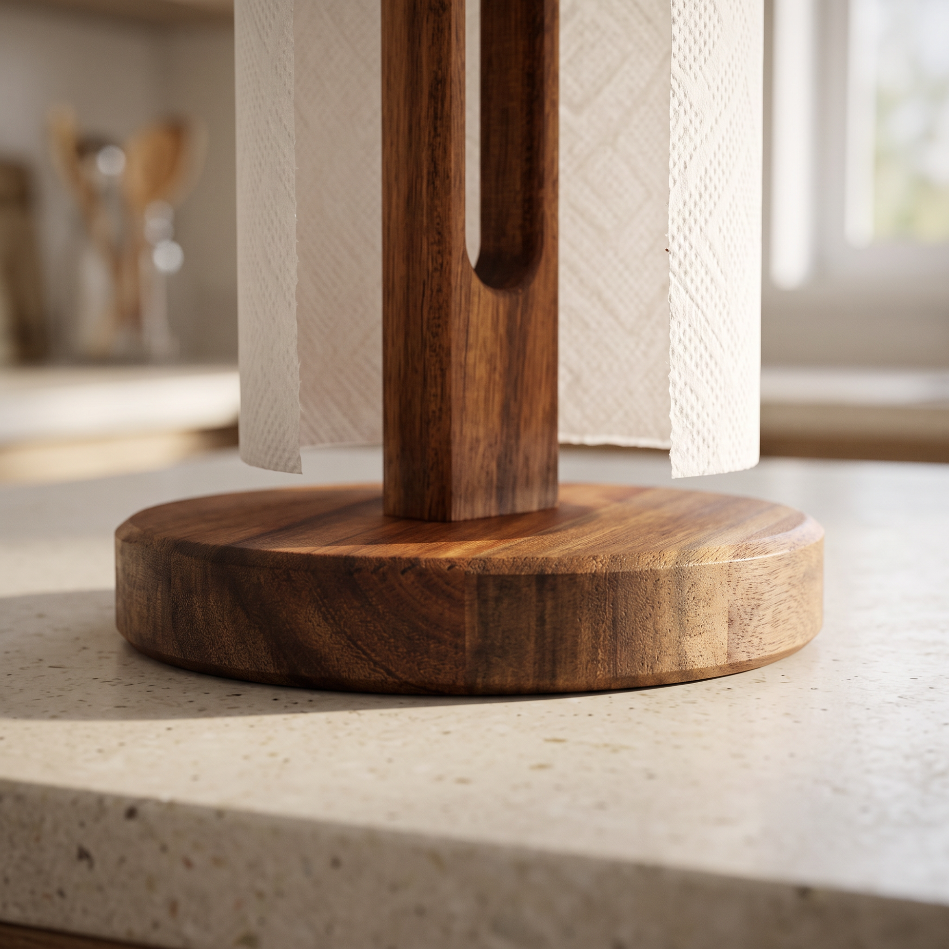 Close-up of the acacia base and grain of the Torkia paper towel holder