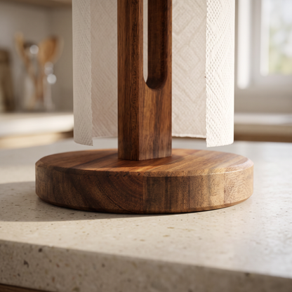 Close-up of the acacia base and grain of the Torkia paper towel holder