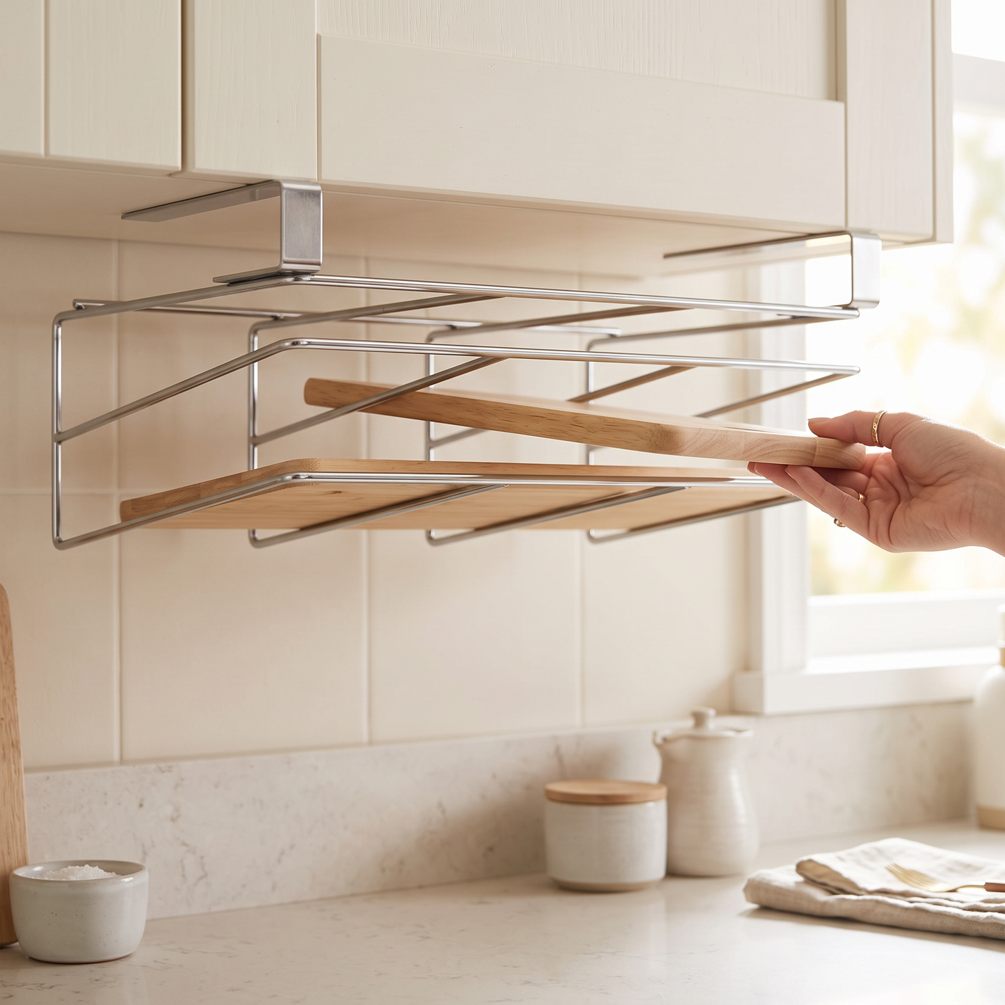 A wooden cutting board being slid into the Nesvik under-cabinet rack