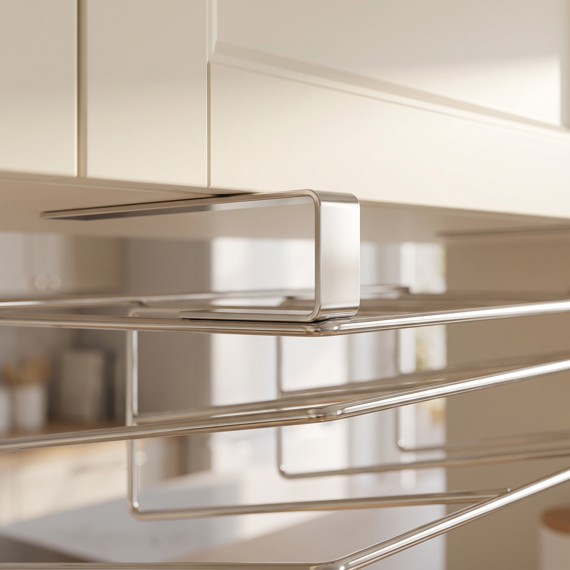 Close-up of the Nesvik bracket hooking over a cabinet panel without screws