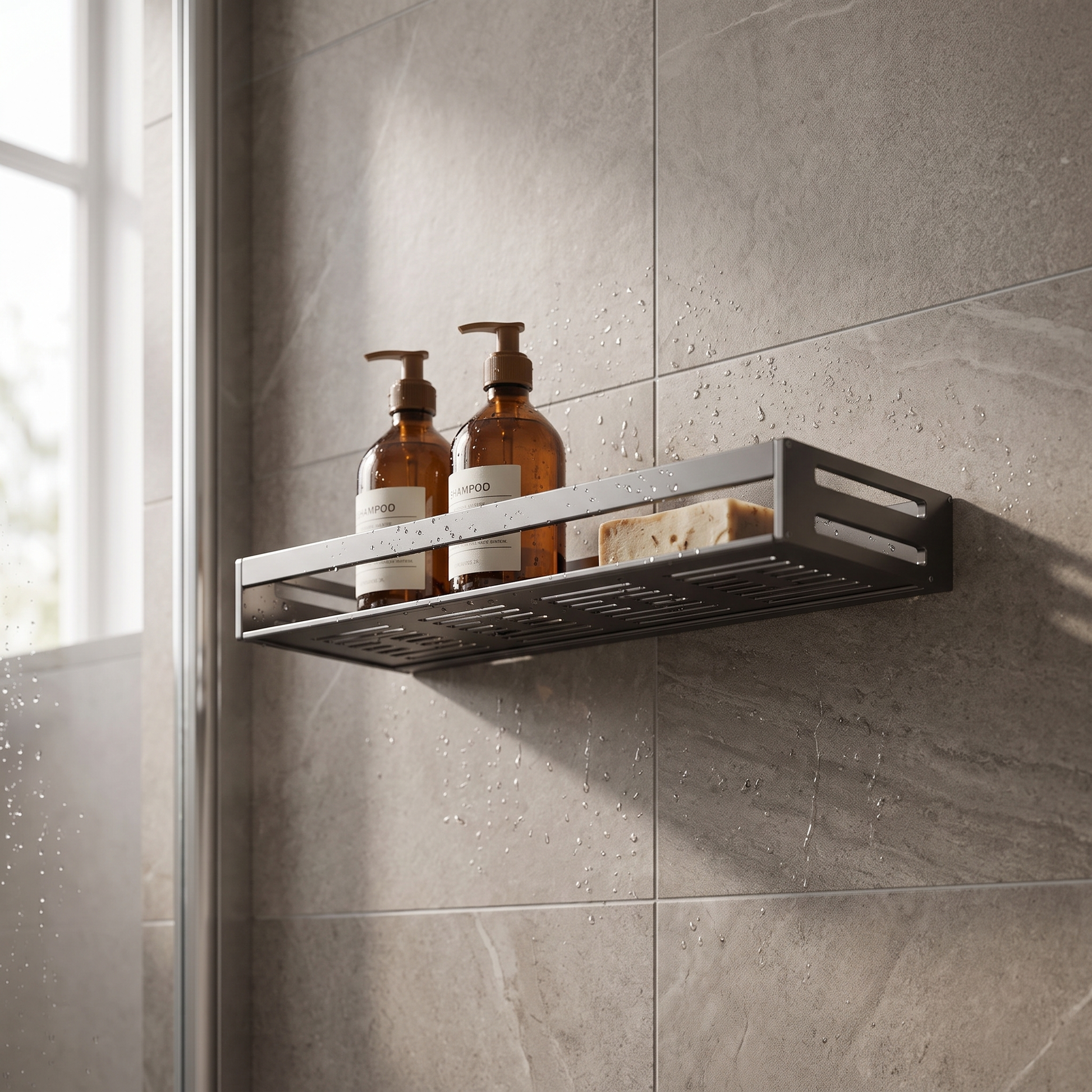 Dusora aluminium shelf fitted inside a walk-in shower holding shampoo bottles