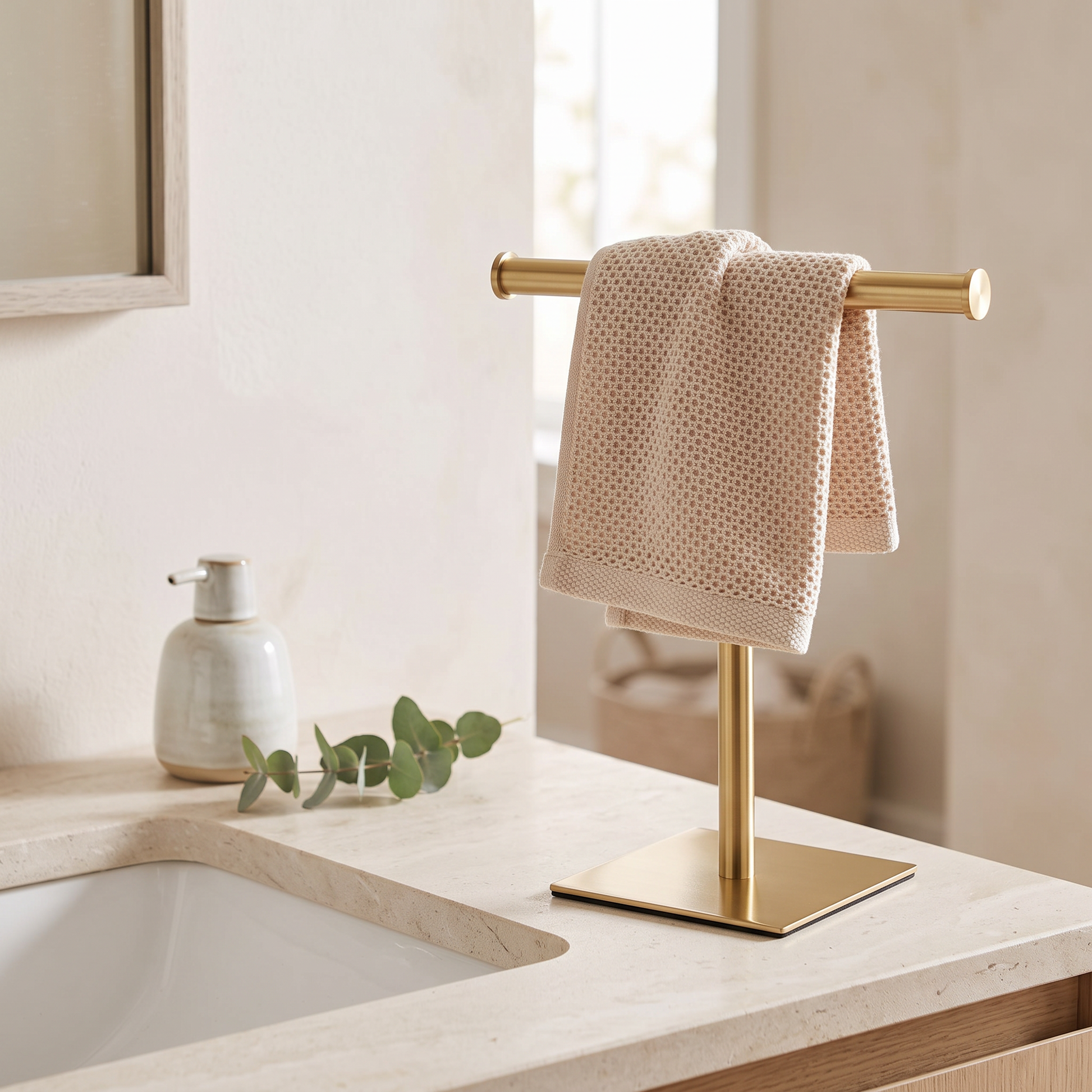 Havlin brushed gold towel holder on a bathroom counter with a hand towel