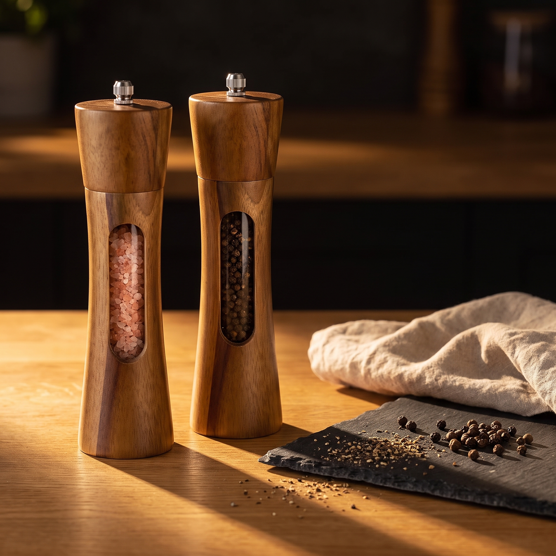 Saltora acacia salt and pepper mills on a kitchen worktop with cracked pepper