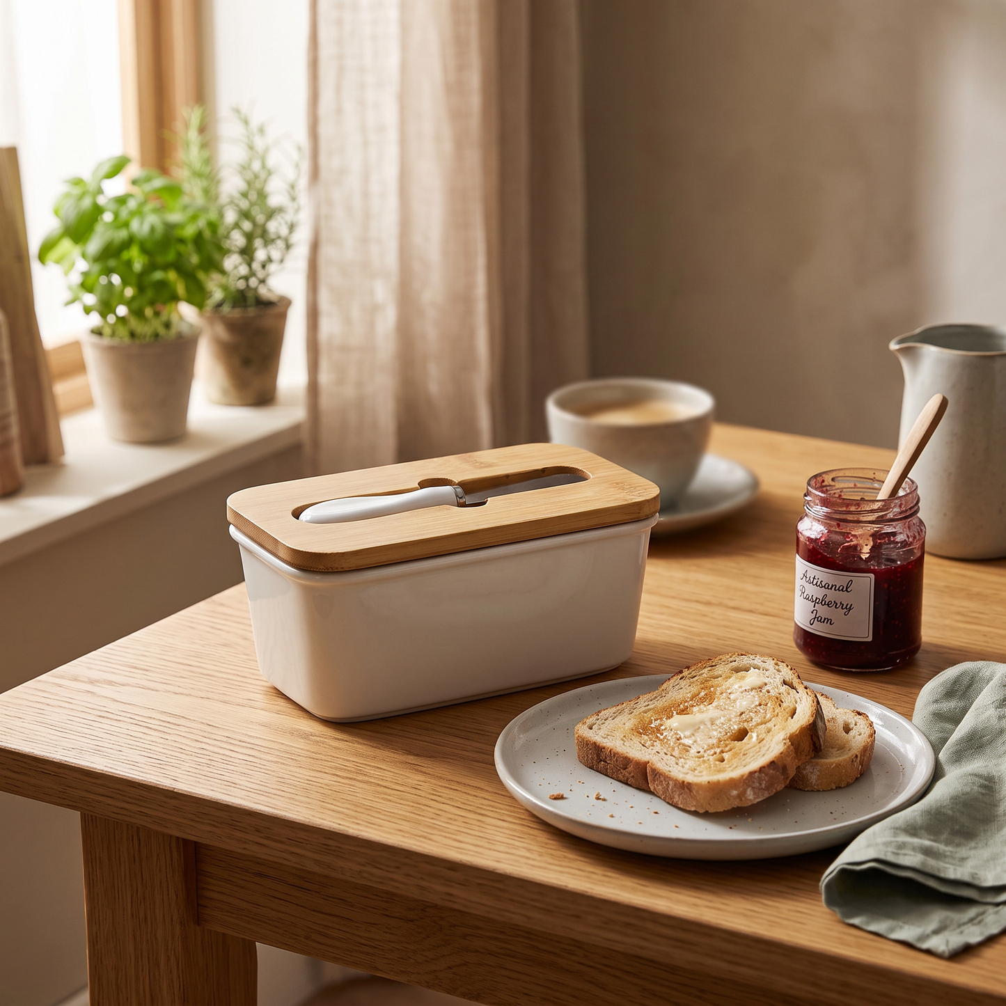 Kremora white ceramic butter dish on a breakfast table with toast