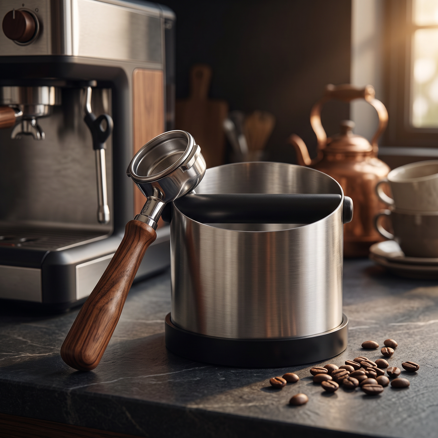 Baristo stainless knock box beside an espresso machine with a portafilter