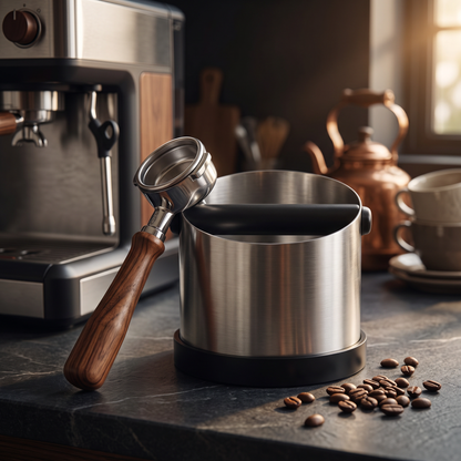 Baristo stainless knock box beside an espresso machine with a portafilter
