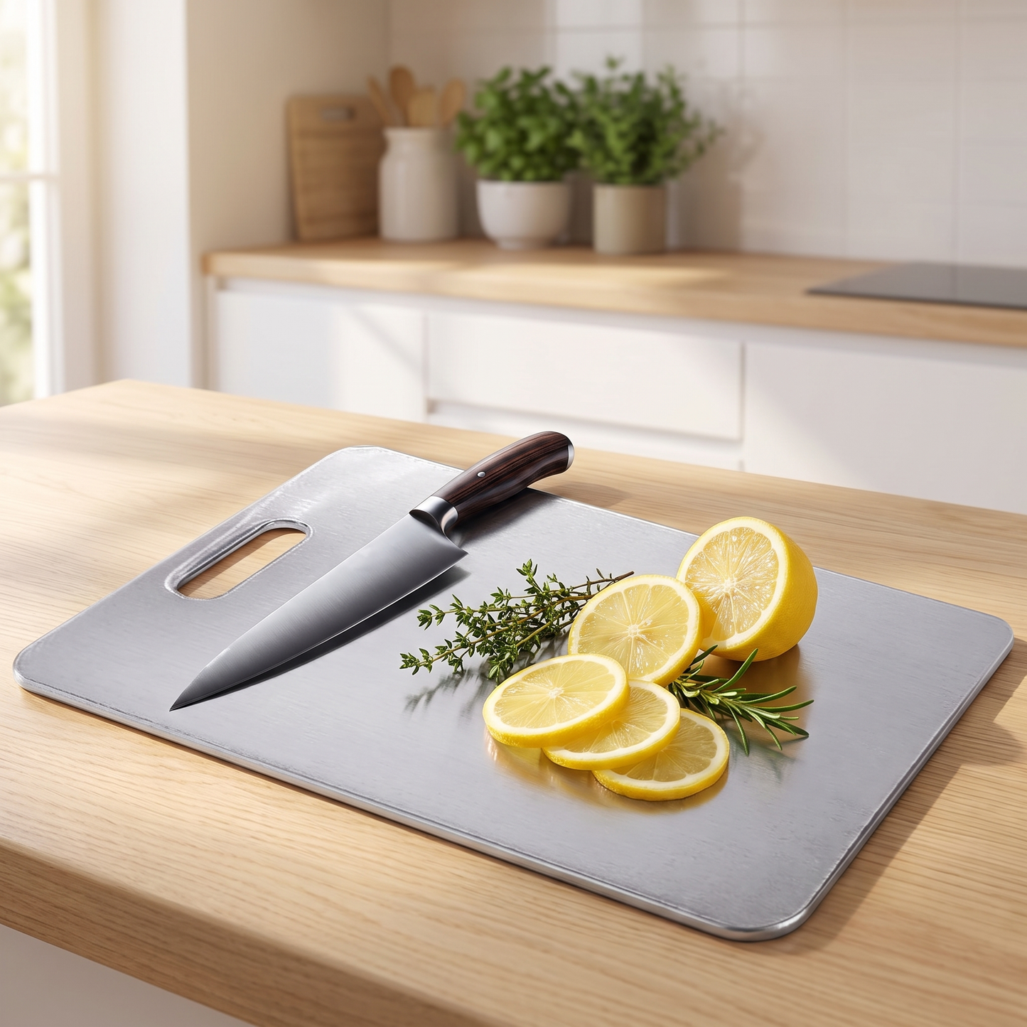 Inoxa steel cutting board on an oak worktop with a knife and sliced lemon