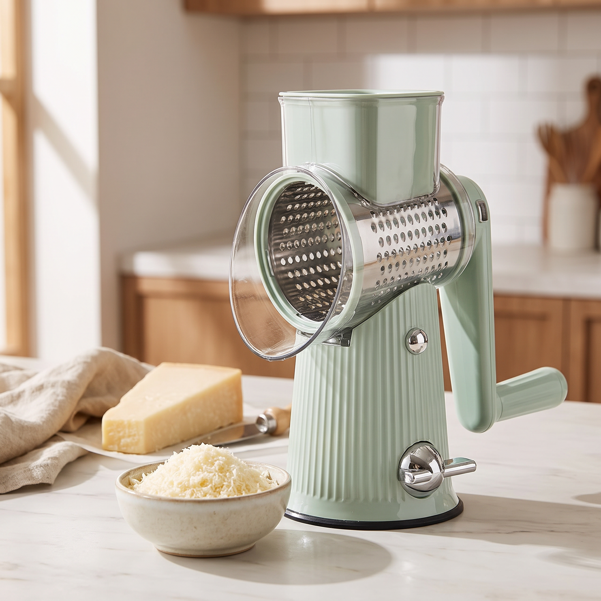Gratino rotary grater on a marble worktop with grated cheese and parmesan