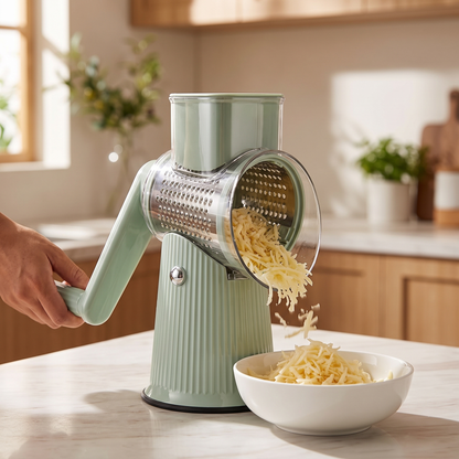 Cheese falling from the Gratino drum into a bowl while the crank is turned