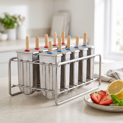 Frostia steel lolly moulds in their rack with strawberries and lemon