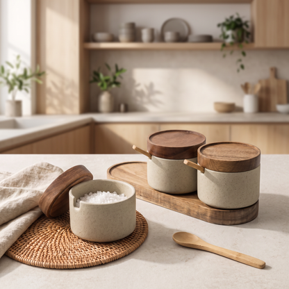 Sazuna ceramic spice jars with acacia lids and tray on a kitchen worktop