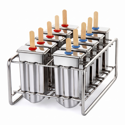 Frostia stainless steel ice lolly moulds standing in their wire rack