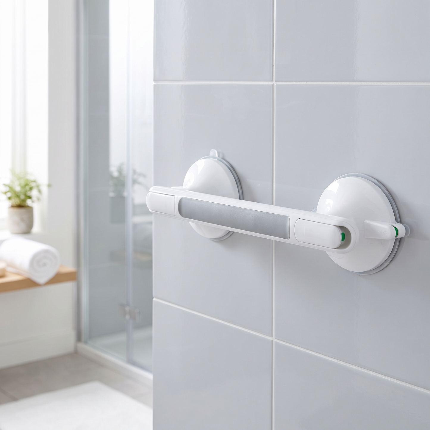 Steadia shower grab bar mounted on bathroom tile beside a walk-in shower