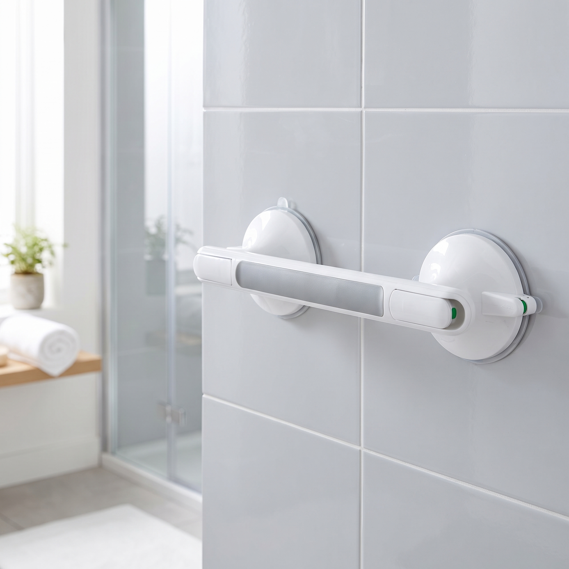 Steadia shower grab bar mounted on bathroom tile beside a walk-in shower