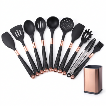 The ten-piece Silixa silicone utensil set with its rose gold holder