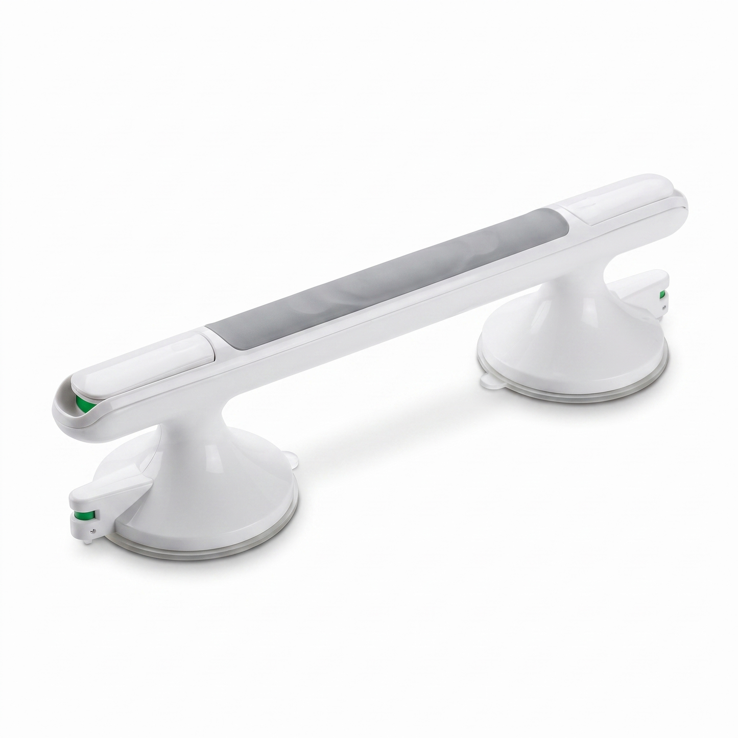 Steadia shower grab bar, studio packshot showing both suction bases and the green seal indicators