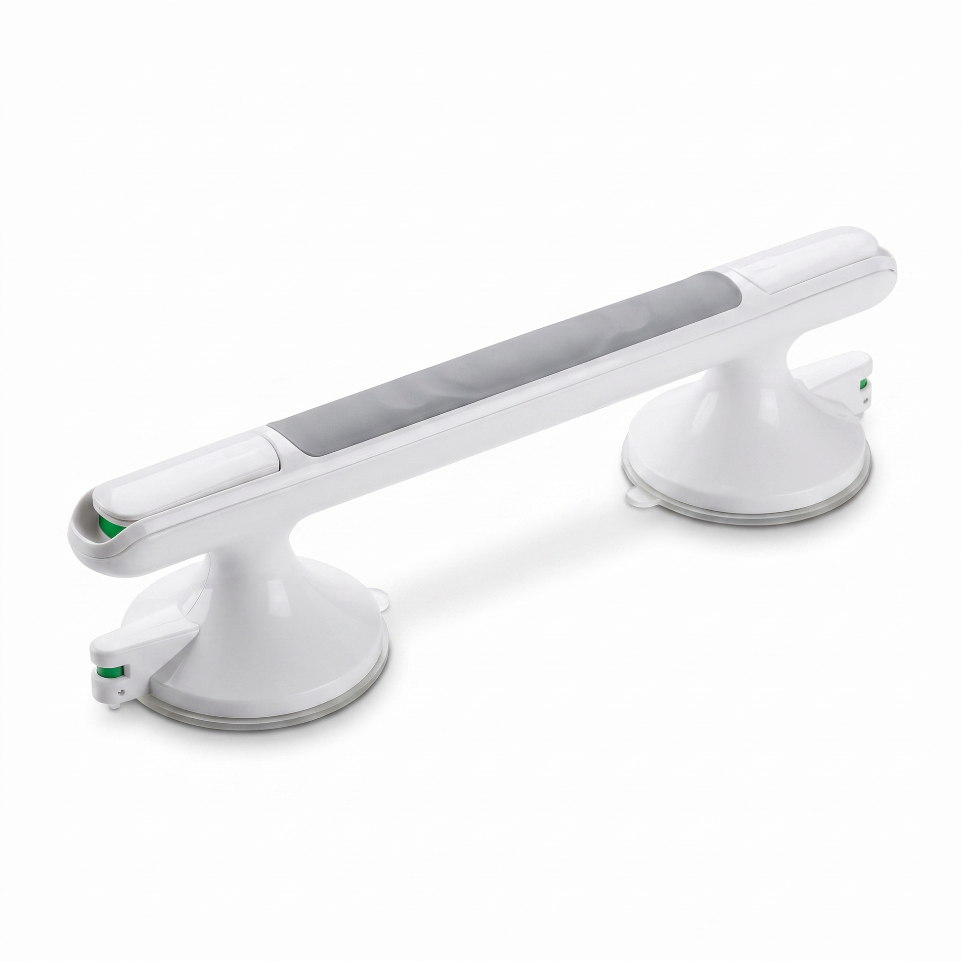 Steadia shower grab bar, studio packshot showing both suction bases and the green seal indicators