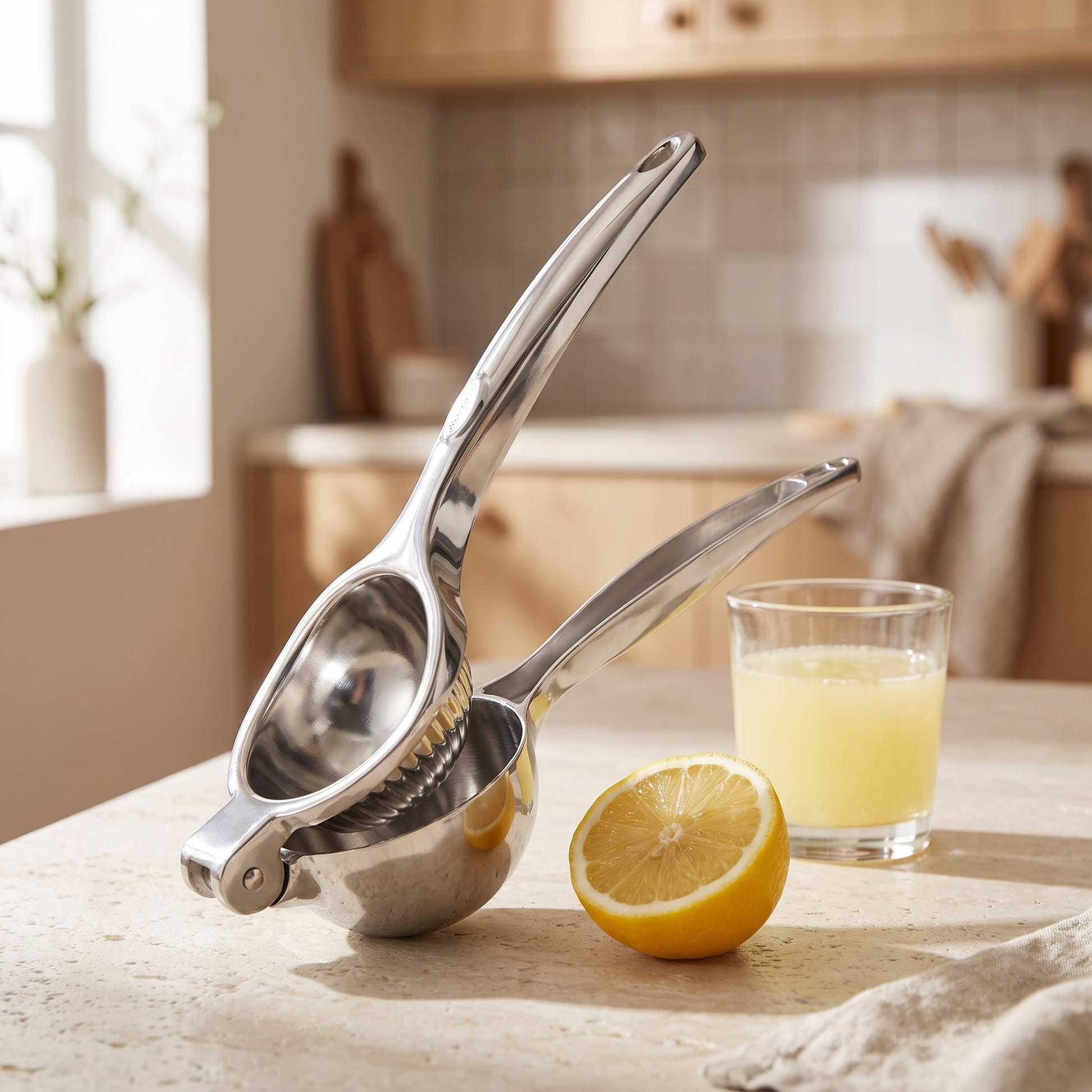 Citrona citrus press on a kitchen worktop with a halved lemon and fresh juice