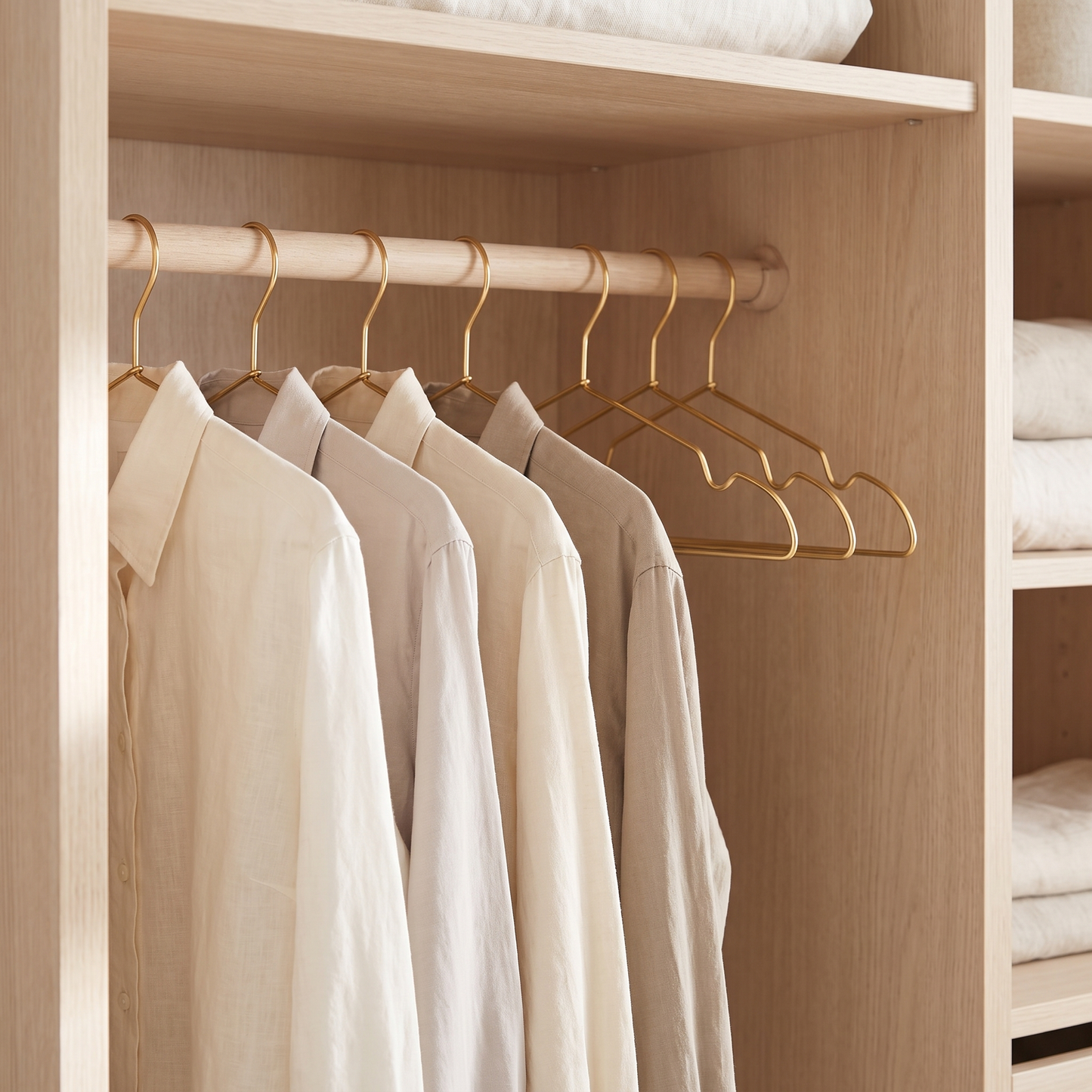 Aluvia gold hangers on a wardrobe rail with shirts