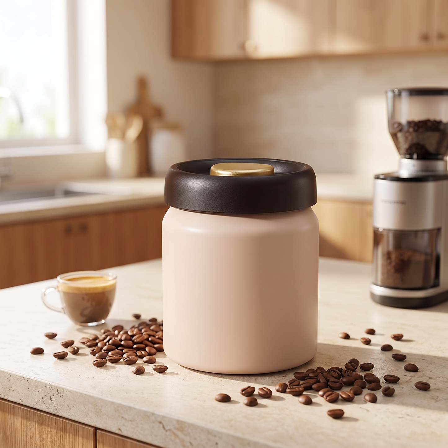 Vacura canister on a kitchen worktop with coffee beans