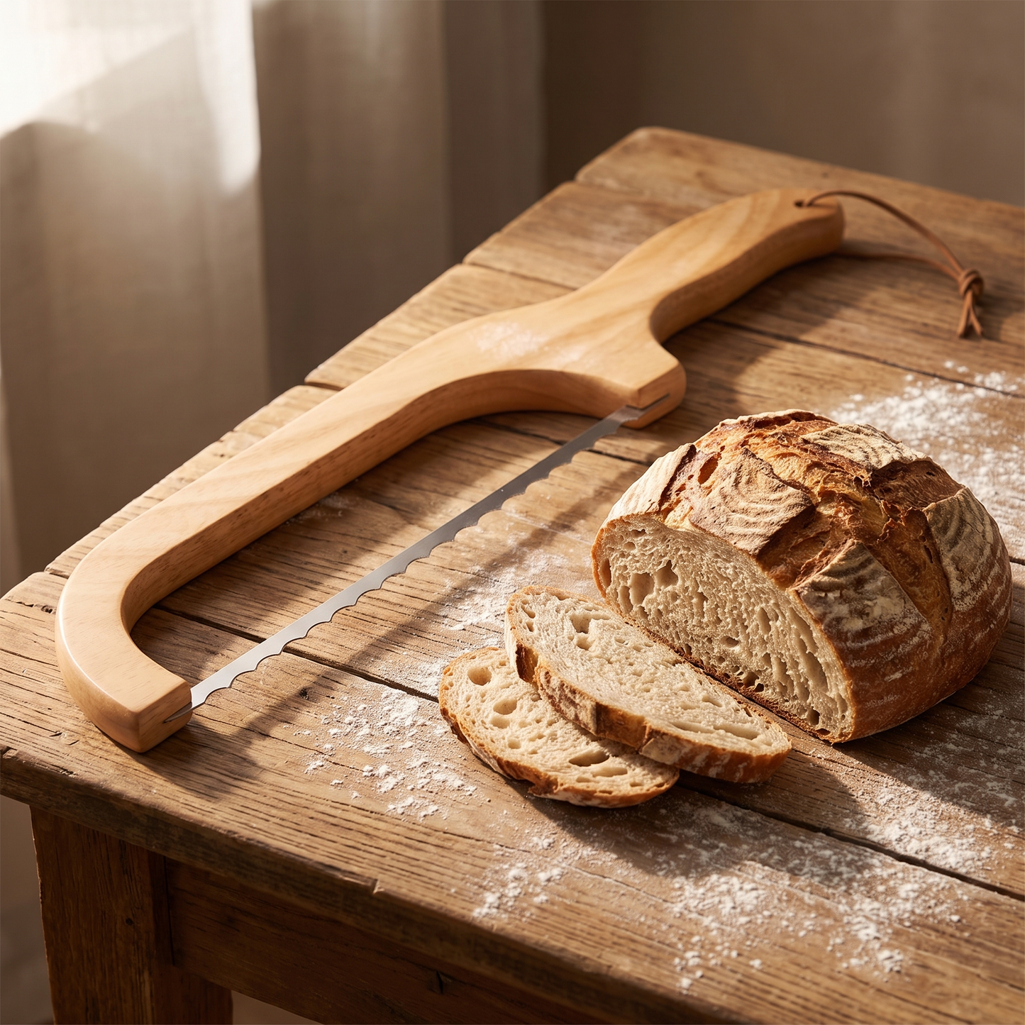 Panera bow bread knife beside a sliced sourdough loaf