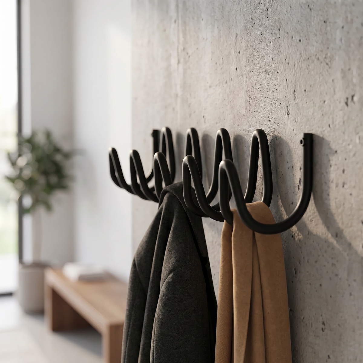 Curvora wall mounted coat rack holding a wool winter coat and a scarf