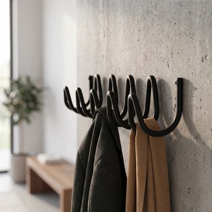 Curvora wall mounted coat rack holding a wool winter coat and a scarf