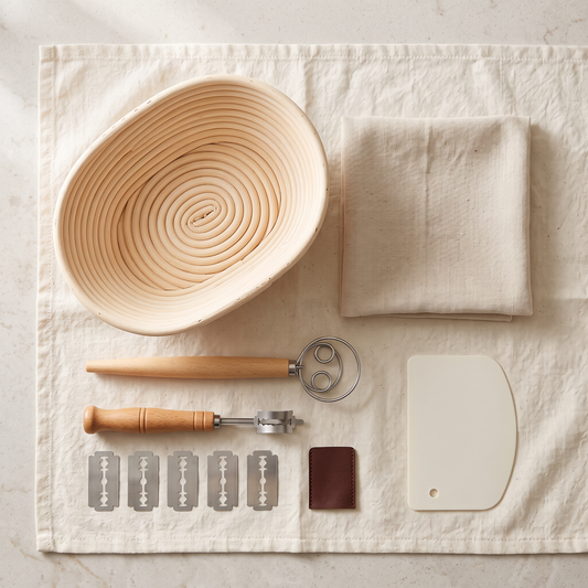 Everything in the Levaria sourdough kit laid out: oval rattan banneton, linen liner, Danish dough whisk, bread lame, five blades, leather cover and dough scraper
