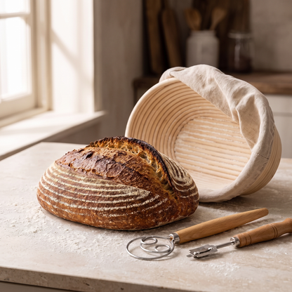 Baked oval sourdough loaf showing the banneton spiral rings, beside the rattan basket with its linen liner, dough whisk and bread lame