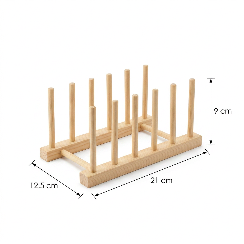 Dryva standing wooden dish rack dimensions: 21 cm long, 12.5 cm deep, 9 cm high