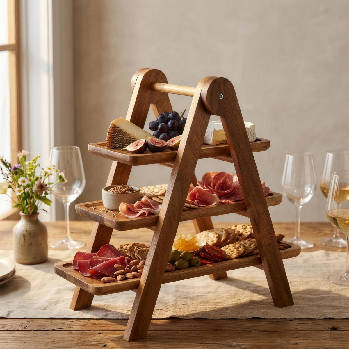 Tierova foldable three-tier acacia serving stand laid with a charcuterie spread on a dining table