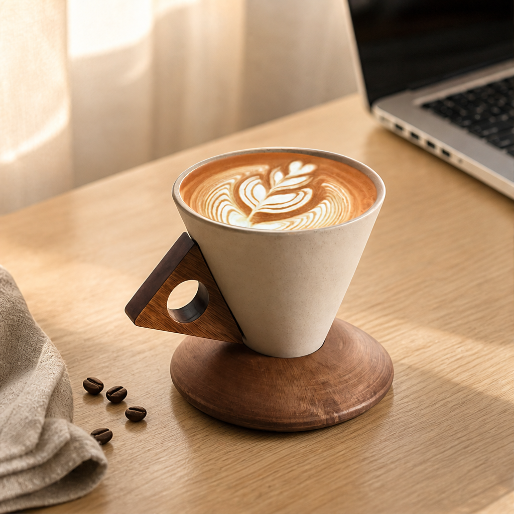 Conical Ceramic Coffee Cup with Wooden Handle and Base lifestyle