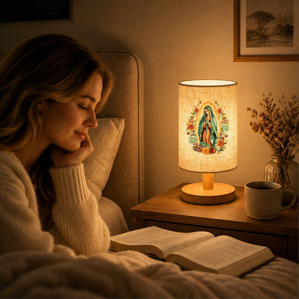 Virgin Mary Pattern Wooden Table Lamp lifestyle