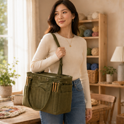 Canvas Yarn Storage Bag with Needle Pockets lifestyle