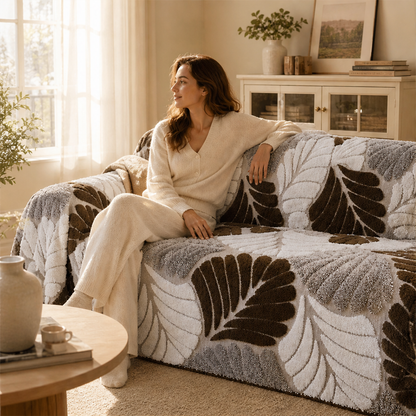 Jacquard Leaf Sherpa Sofa Throw, Non-Slip Backing lifestyle