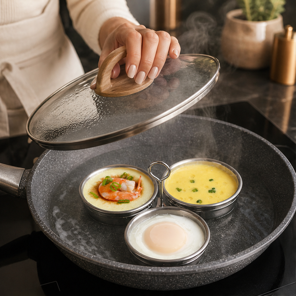 304 Stainless Steel Egg Steamer Cups with Center Handle lifestyle