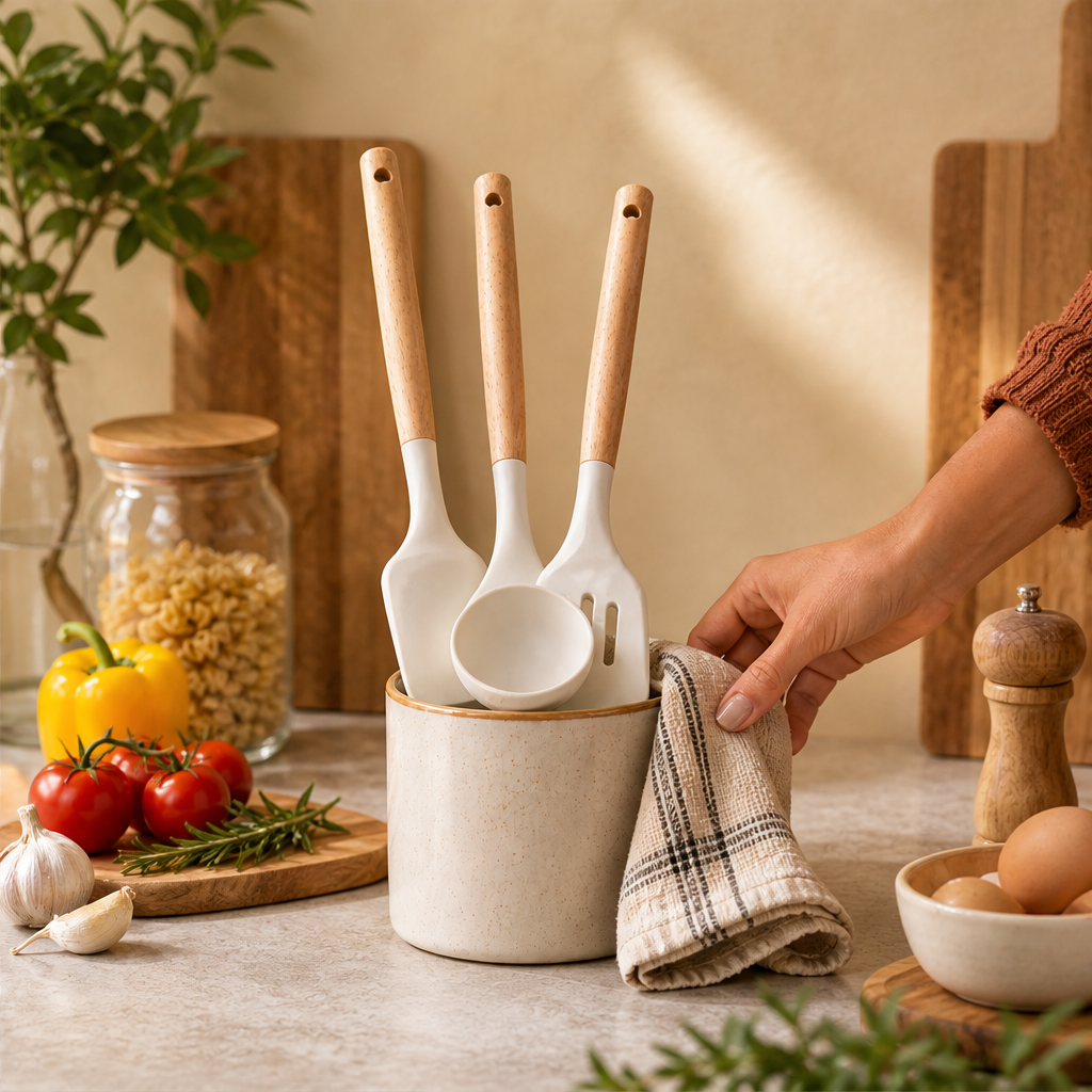 Silicone Kitchen Utensils with Wood Handles lifestyle