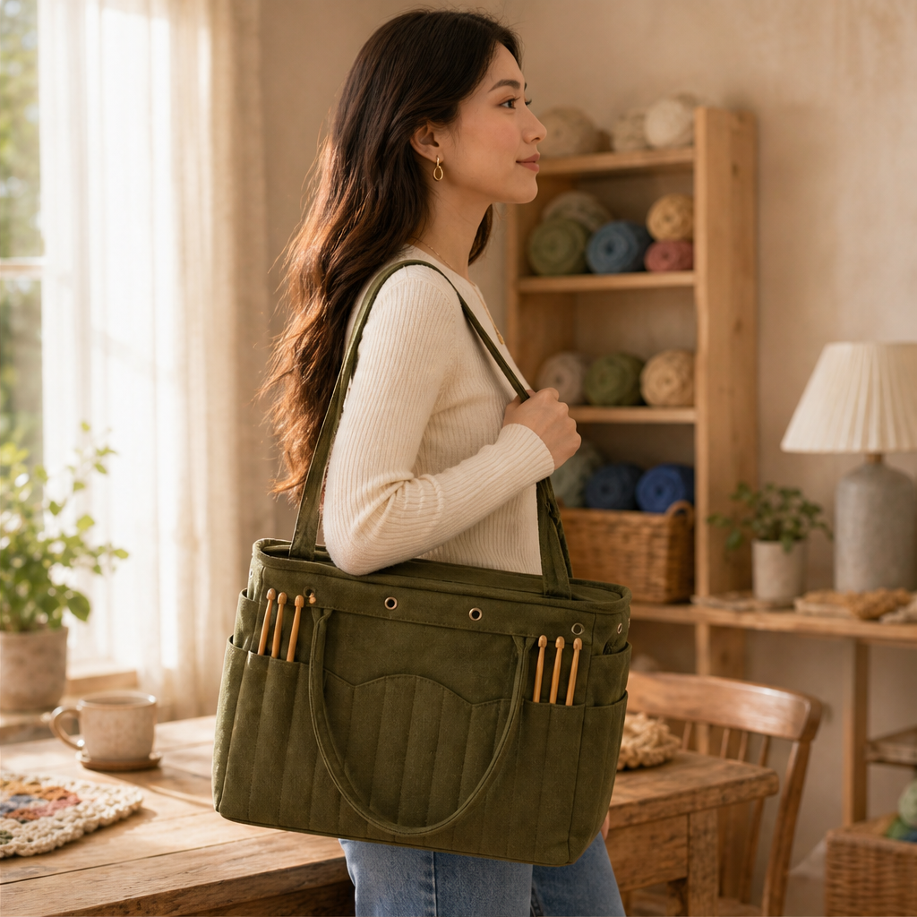 Canvas Yarn Storage Bag with Needle Pockets lifestyle