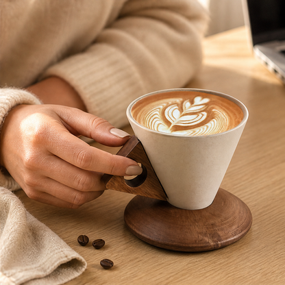 Conical Ceramic Coffee Cup with Wooden Handle and Base lifestyle