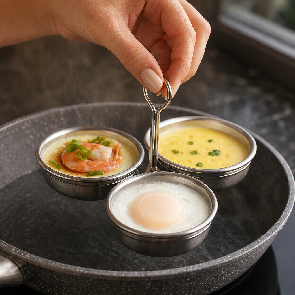 304 Stainless Steel Egg Steamer Cups with Center Handle lifestyle