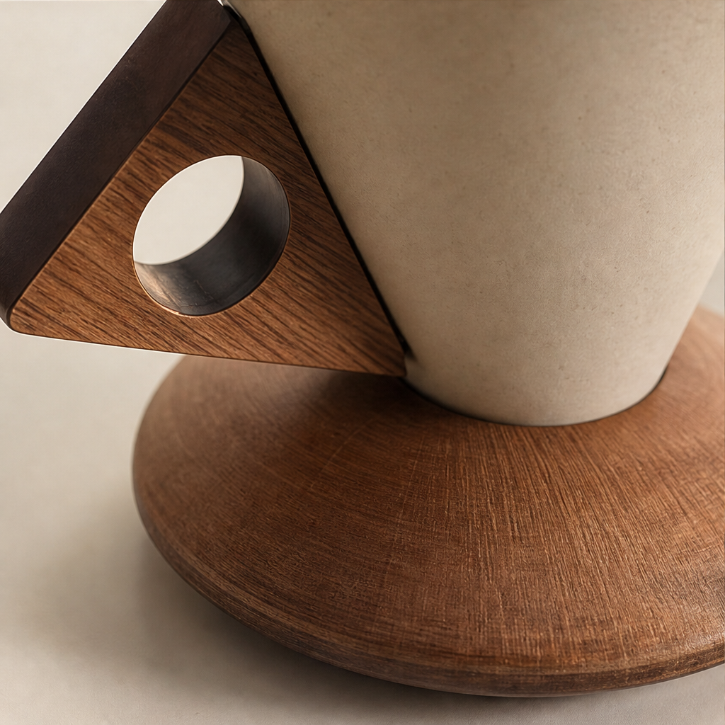 Conical Ceramic Coffee Cup with Wooden Handle and Base lifestyle