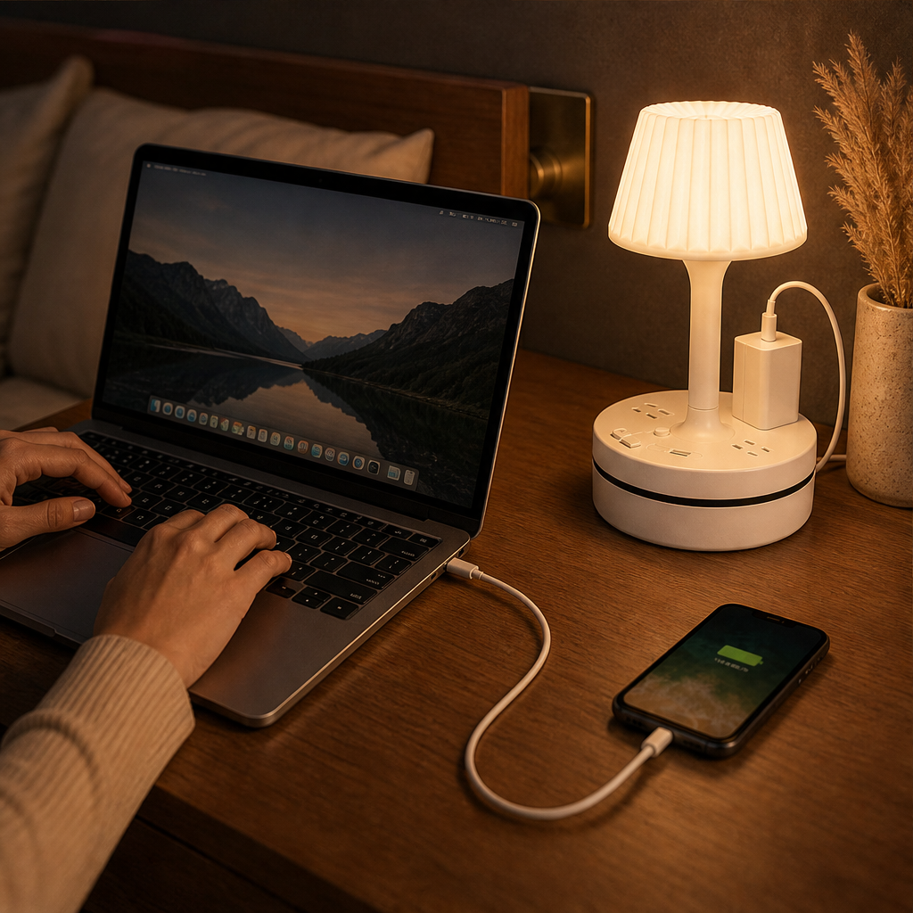 Bedside Lamp with AC Outlets and USB Charging Ports lifestyle