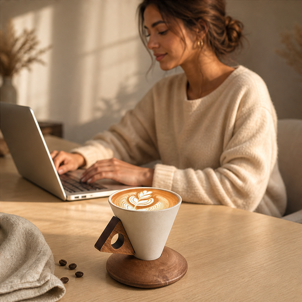 Conical Ceramic Coffee Cup with Wooden Handle and Base lifestyle
