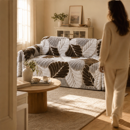 Jacquard Leaf Sherpa Sofa Throw, Non-Slip Backing lifestyle