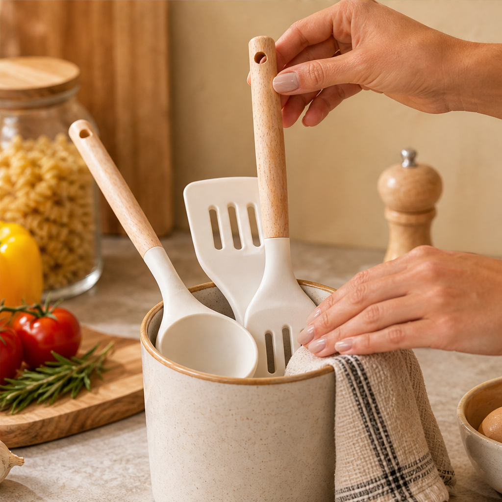 Silicone Kitchen Utensils with Wood Handles lifestyle