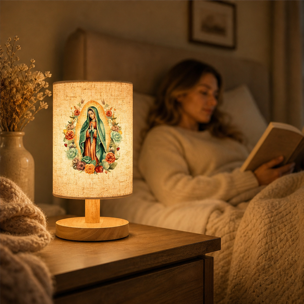 Virgin Mary Pattern Wooden Table Lamp lifestyle
