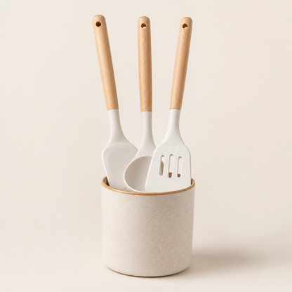 Silicone Kitchen Utensils with Wood Handles White
